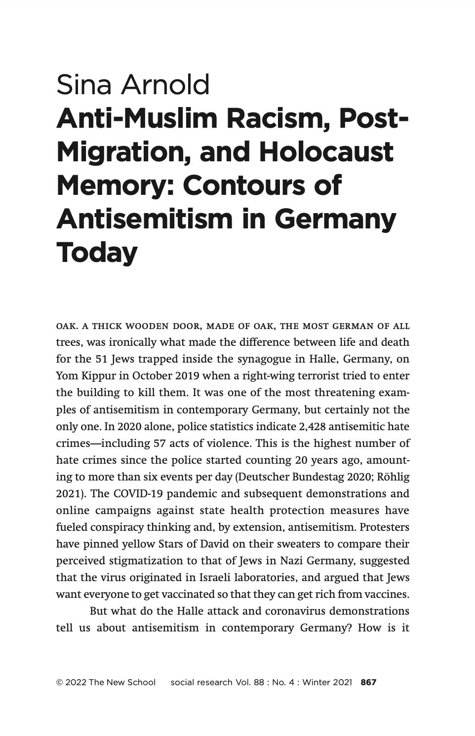 Anti-Muslim Racism, Post-Migration, and Holocaust Memory: Contours of Antisemitism in Germany Today